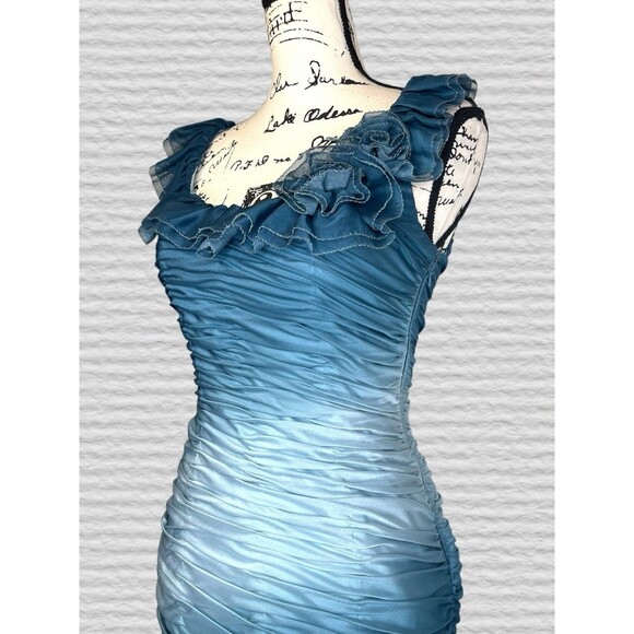 ADRIANNA PAPELL Teal Ombre Ruched Rosette Dress Size 6 Wiggle Party Evening - Picture 4 of 10